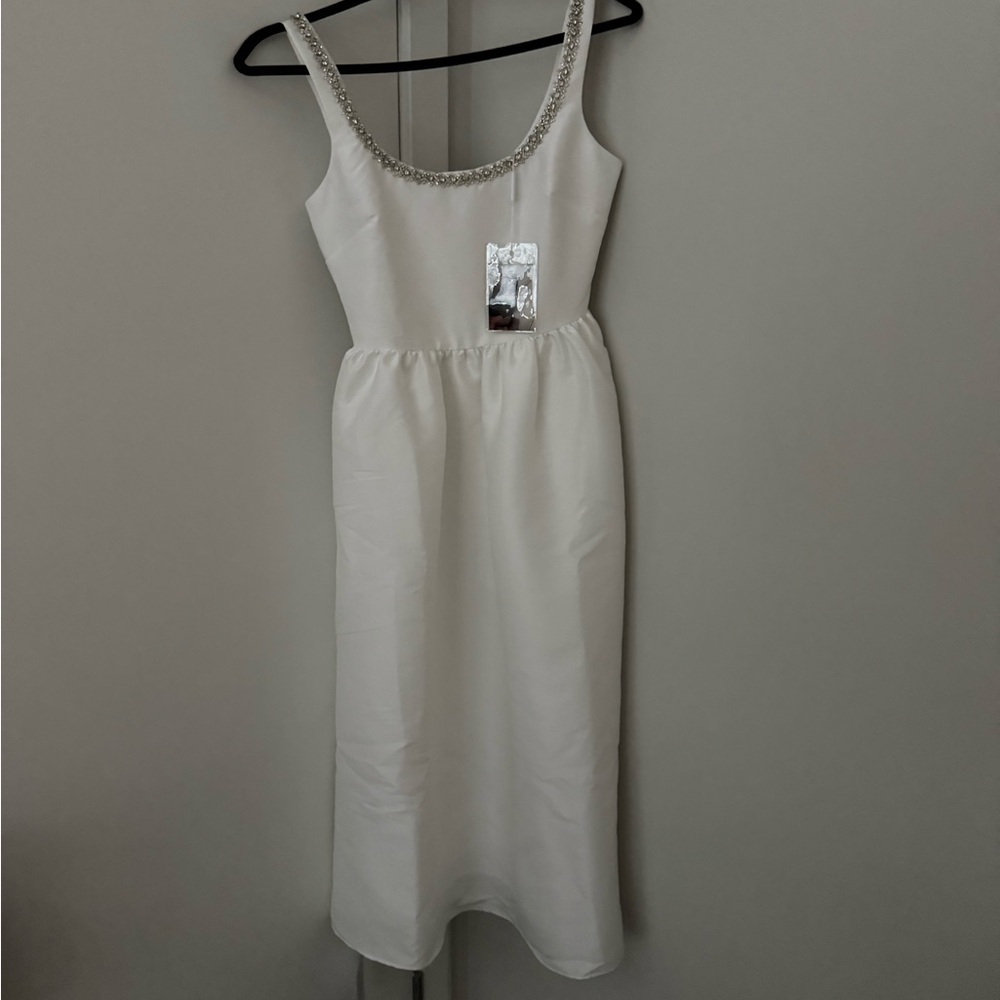 Self-Portrait White Midi Dress with Embellished Neckline